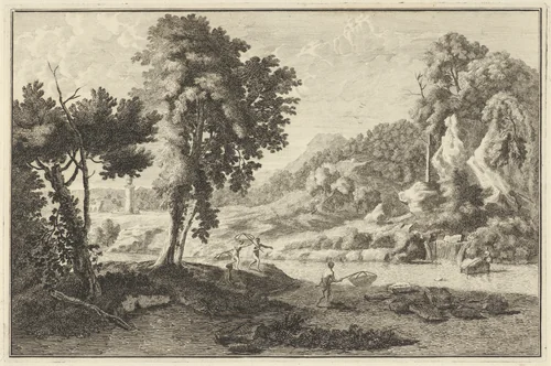 Arcadisch rivierlandschap met vissers by Adolf van der Laan, print, 1710-1747