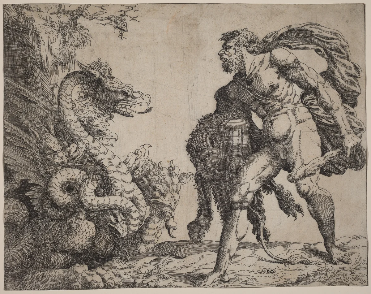 Hercules and the Hydra by Battista Angolo del Moro, print, 1552