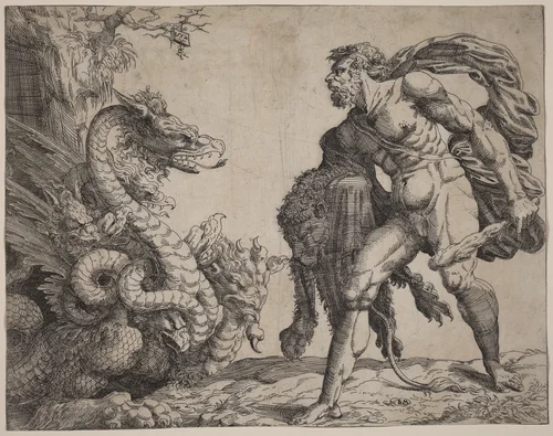 Hercules and the Hydra by Battista Angolo del Moro, print, 1552
