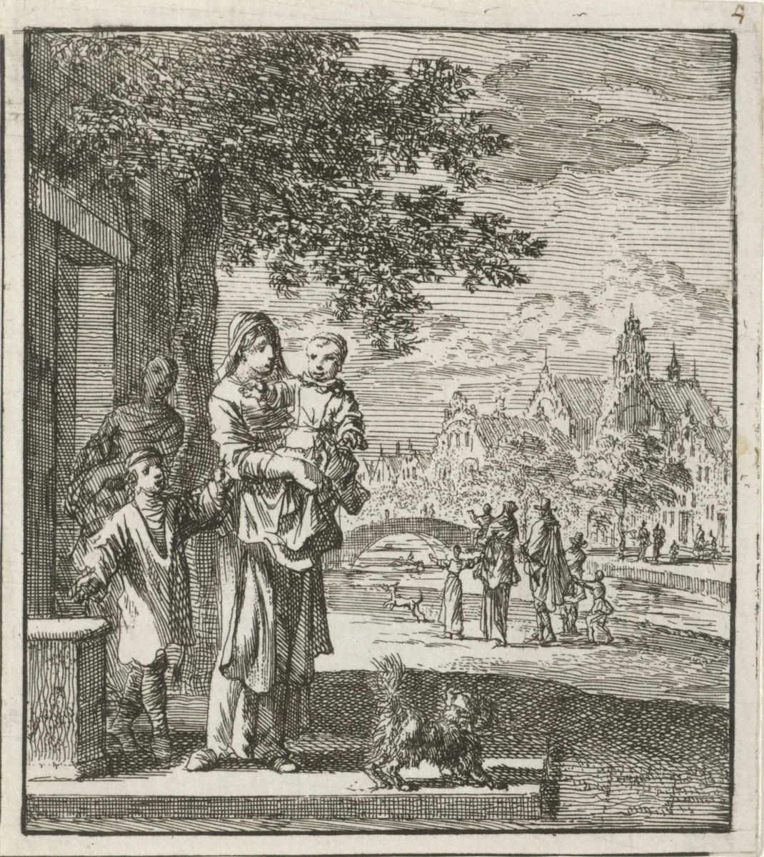 Moeder met kind op de stoep voor haar huis by Jan Luyken, print, 1712