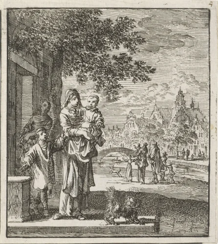 Moeder met kind op de stoep voor haar huis by Jan Luyken, print, 1712