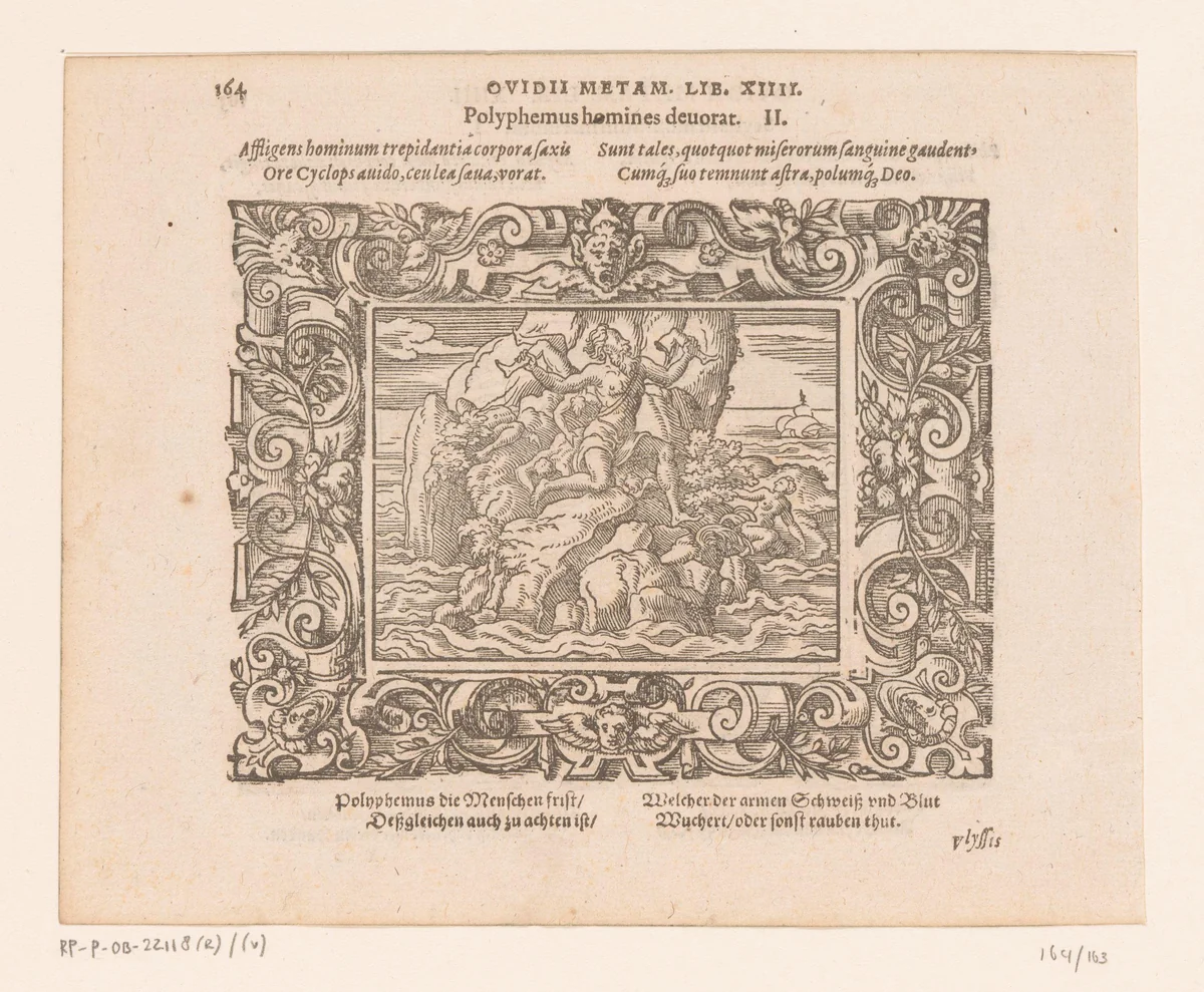 Polyphemus verslindt de mannen van Odysseus by Virgilius Solis, print, 1569