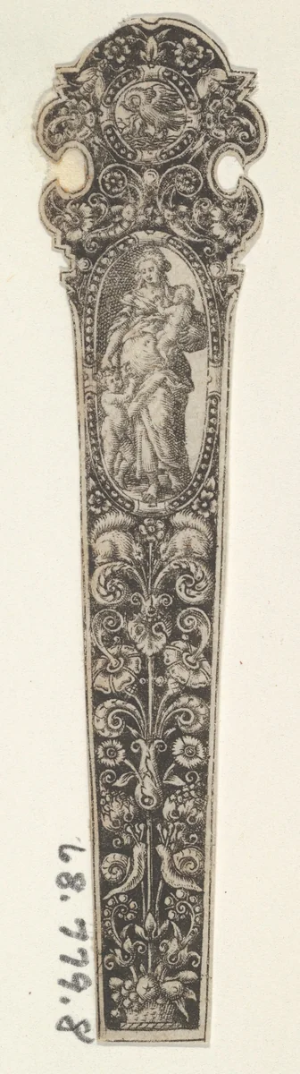 Design for a Knife Handle with the Personification of Charity by Johann Theodor de Bry, print, 1580-1600