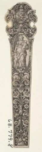 Design for a Knife Handle with the Personification of Charity by Johann Theodor de Bry, print, 1580-1600