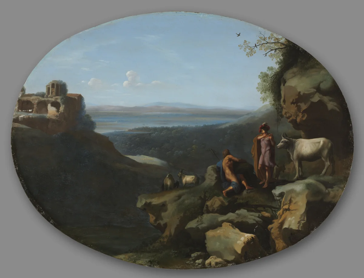 Mercury and Argus in a Landscape by Dirck van der Lisse, painting, 1630-1640