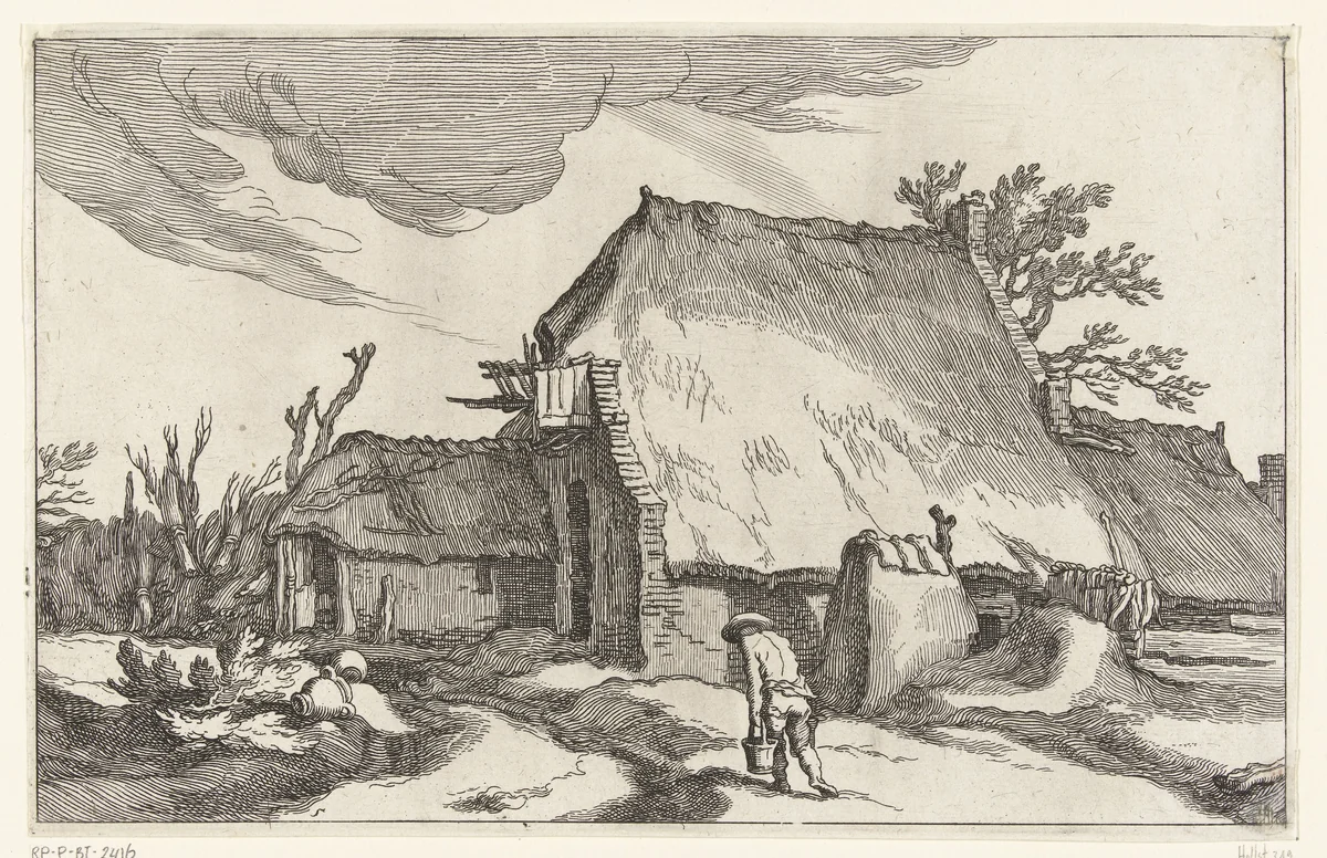 Boerderij en man met twee emmers by Boëtius Adamsz. Bolswert, print, 1614