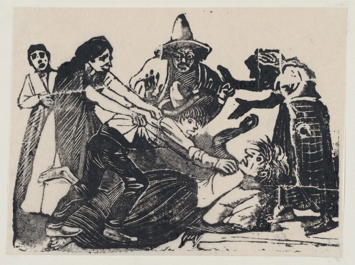 A son strangling his mother while people try to pull him off by José Guadalupe Posada, print, 1875-1885