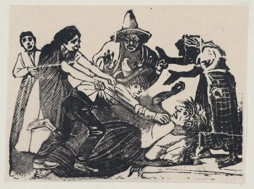 A son strangling his mother while people try to pull him off by José Guadalupe Posada, print, 1875-1885