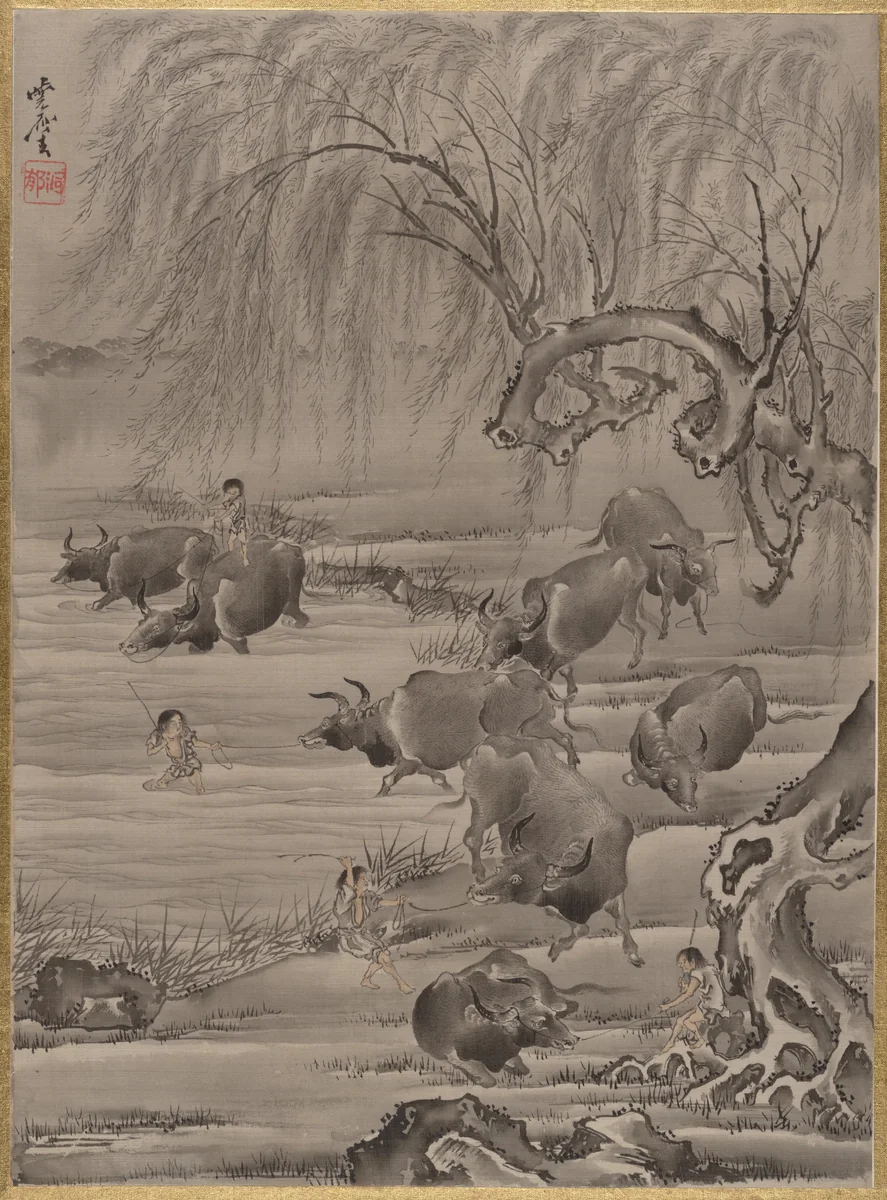 Buffalo and Herdsman by Kawanabe Kyōsai (河鍋暁斎), painting, 1877-1897