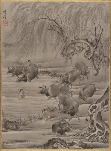 Buffalo and Herdsman by Kawanabe Kyōsai (河鍋暁斎), painting, 1877-1897