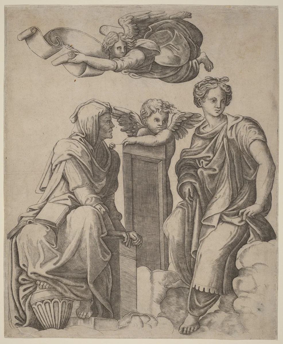 Two Sibyls and an Angel by Giovanni Antonio da Brescia; Raphael, print, 1520-1525