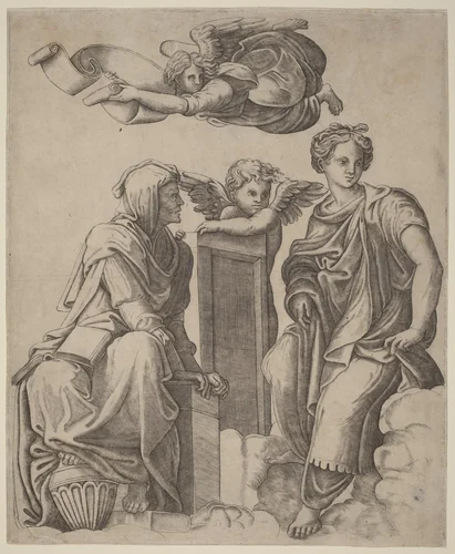 Two Sibyls and an Angel by Giovanni Antonio da Brescia; Raphael, print, 1520-1525
