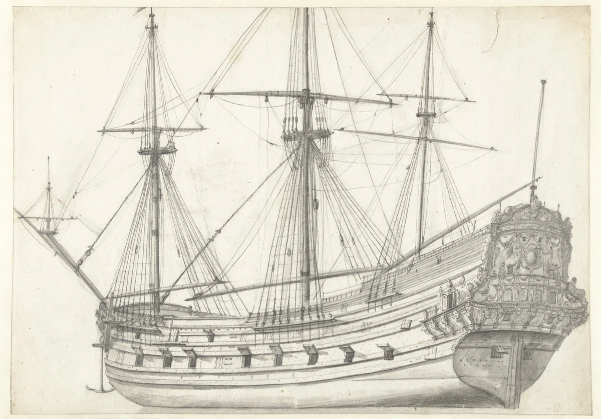Driemaster van de Amsterdamse Admiraliteit by Jan Abrahamsz. Beerstraten, drawing, 1600-1699