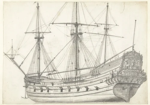 Driemaster van de Amsterdamse Admiraliteit by Jan Abrahamsz. Beerstraten, drawing, 1600-1699