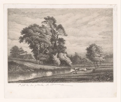 Landschap met koeien langs een rivier by Auguste Numans, print, 1833-1879