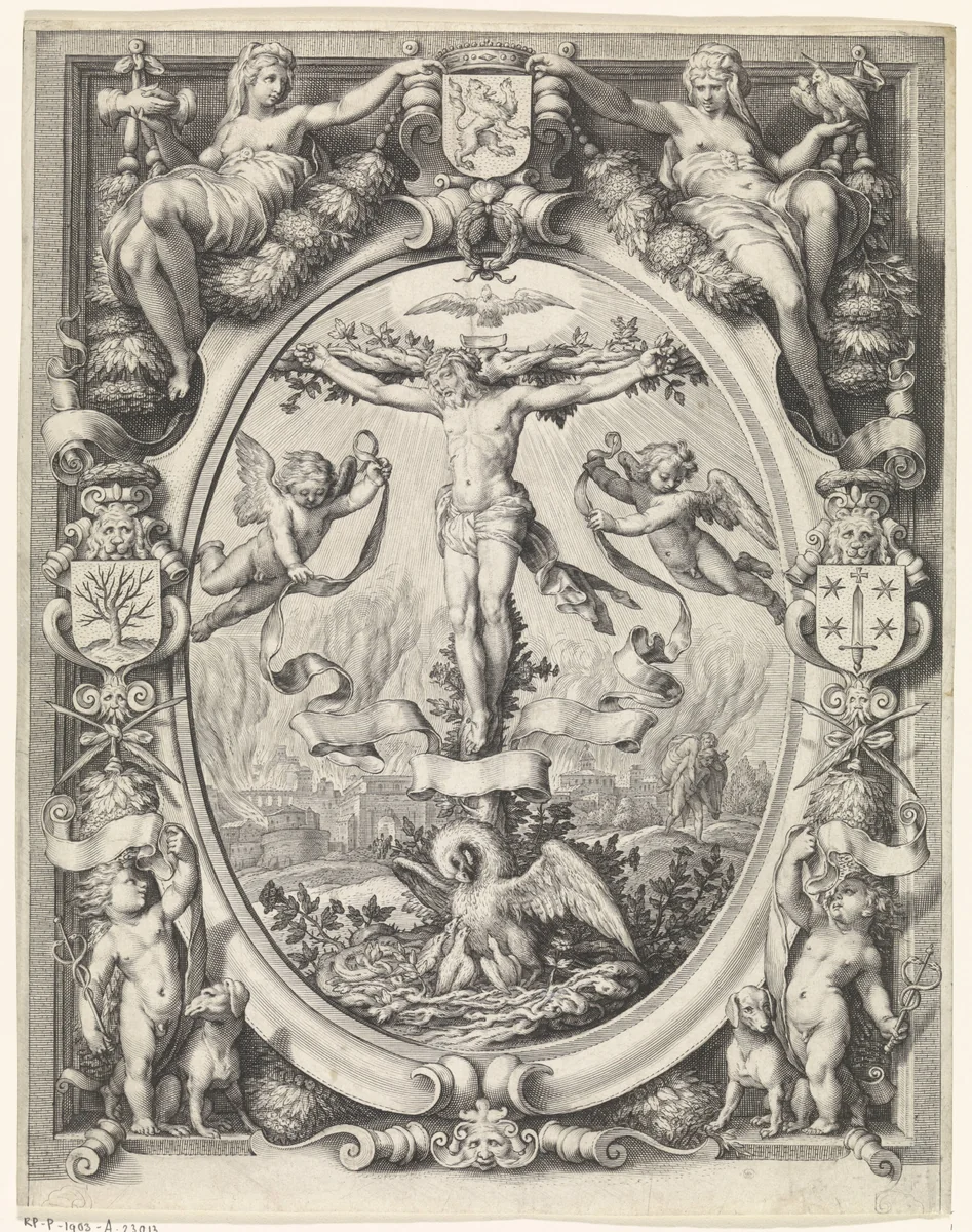 Blazoen van de rederijkerskamer De Pellicaen te Haarlem, met de kruisiging in allegorische omlijsting by Jacob Matham, print, 1597