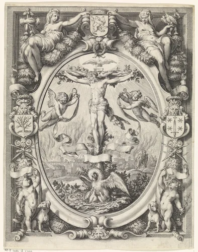 Blazoen van de rederijkerskamer De Pellicaen te Haarlem, met de kruisiging in allegorische omlijsting by Jacob Matham, print, 1597