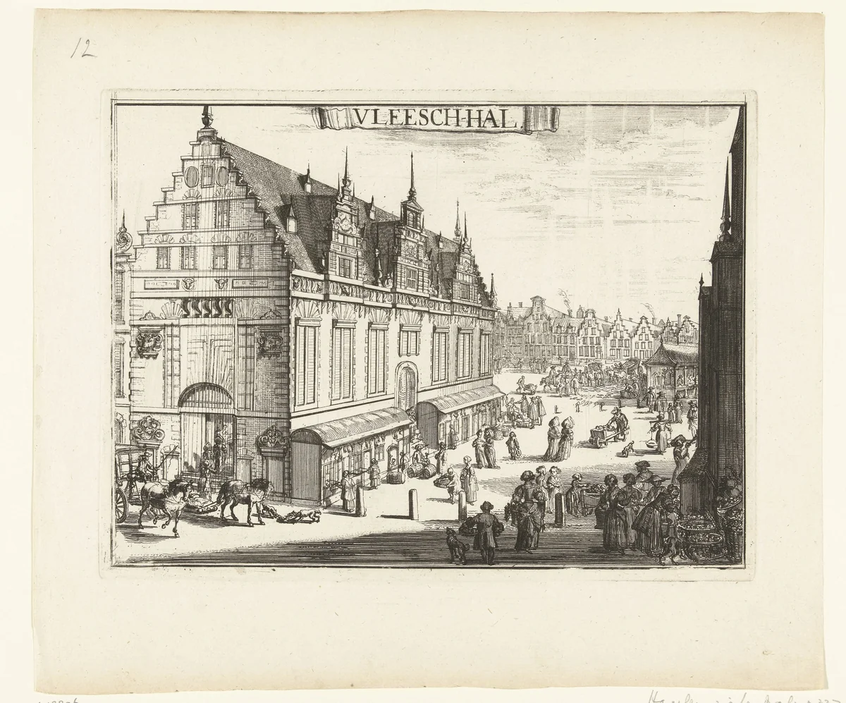 Gezicht op de Vleeshal te Haarlem by Romeyn de Hooghe, print, 1688-1689