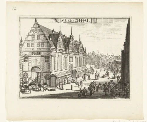 Gezicht op de Vleeshal te Haarlem by Romeyn de Hooghe, print, 1688-1689