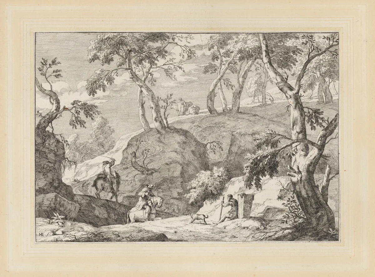 Mountain landscape with men on horseback and a seated man with a dog by Marco Ricci, print, 1723-1730