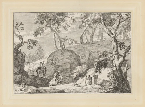 Mountain landscape with men on horseback and a seated man with a dog by Marco Ricci, print, 1723-1730