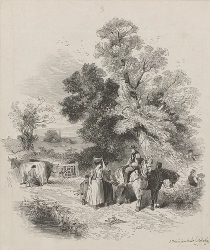 Gezelschap met twee paarden lopend op een landweg by Isaac Weissenbruch, print, 1836-1912