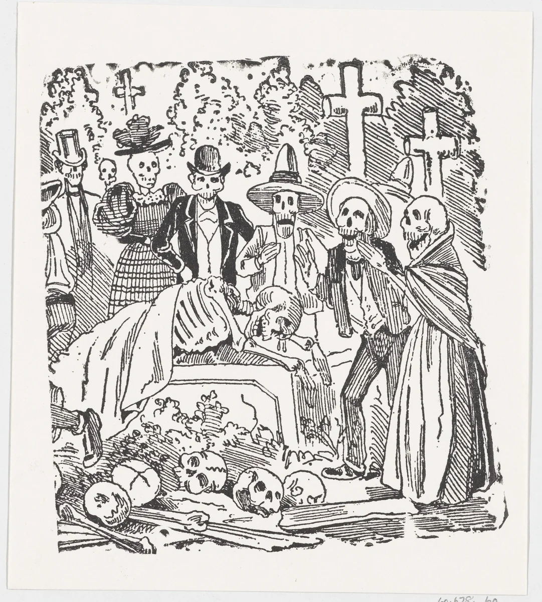 A skeleton covered with a sheet crying in a cemetery, from a broadside entitled ' Calavera llorando el hueso' by José Guadalupe Posada, print, 1875-1885