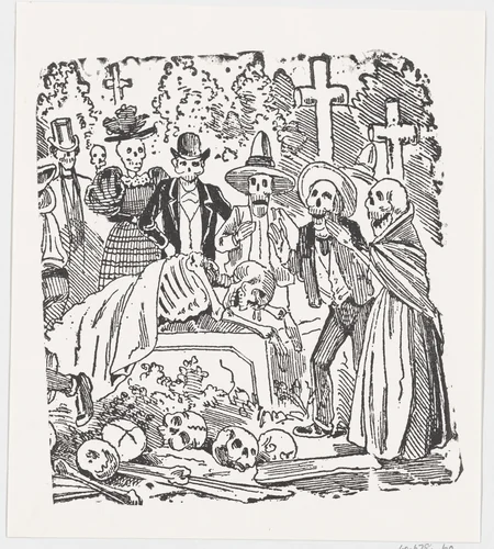 A skeleton covered with a sheet crying in a cemetery, from a broadside entitled ' Calavera llorando el hueso' by José Guadalupe Posada, print, 1875-1885