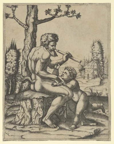 A faun sitting on a rock holding a flute in his left hand; a child stands between his knees by Marcantonio Raimondi, print, 1505-1515