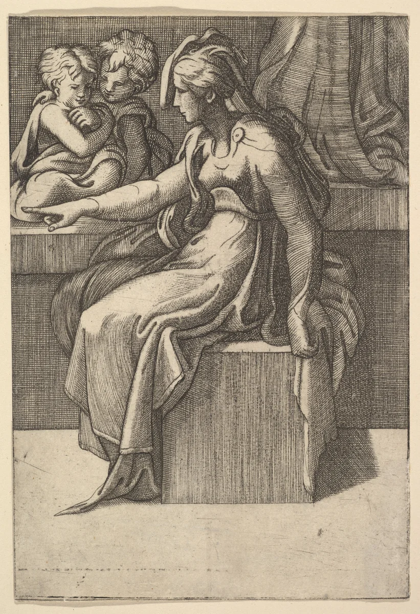 Seated Woman with two Children by anonymous, print, 1500-1599