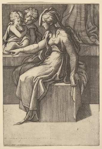 Seated Woman with two Children by anonymous, print, 1500-1599