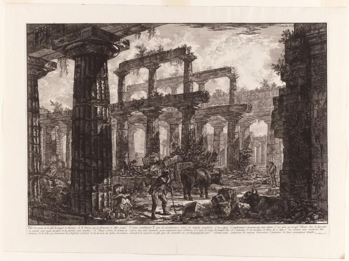 View of the Remains of the Cella of the Temple of Neptune, from Different views of Paestum by Giovanni Battista Piranesi, print, 1778