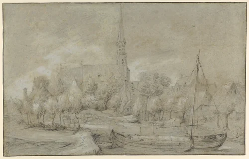 The Church of Saints Peter and Paul in Schelle, near Antwerp, seen from the North, with a Boat in the river Vliet by anonymous, drawing, 1630-1670