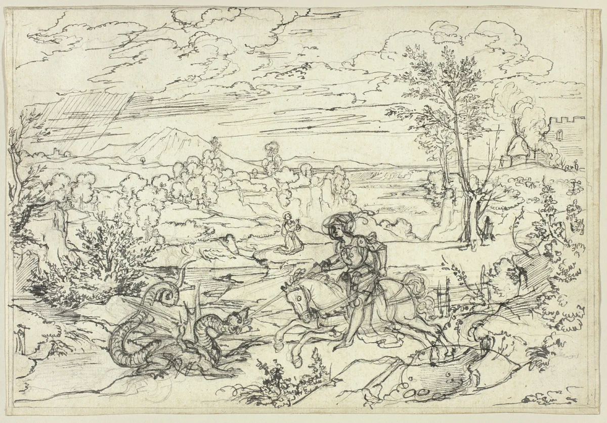 Landscape with Saint George and the Dragon and the Monte Soratte by Joseph Anton Koch, drawing, 1811-1821