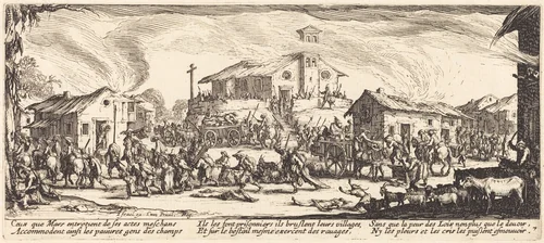 Plundering and Burning a Village by Jacques Callot, print, 1633