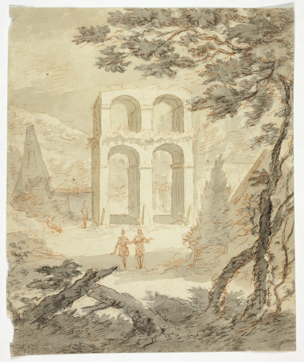 Figures Among Classical Ruins by Gerrit Rademaker, drawing, 1692-1711