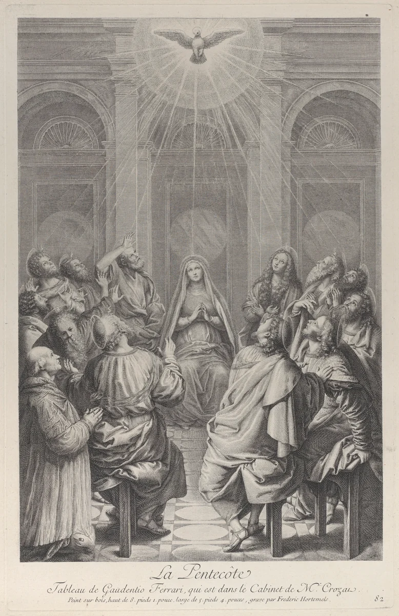 The Pentecost, with the Apostles and the Virgin sitting in a circle, the Holy Spirit appearing above them, and a donor kneeling at left by Frédéric Horthemels, print, 1729-1740