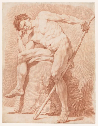 Academy of a Seated Nude Holding a Staff by Edmé Bouchardon, drawing, 1735-1750