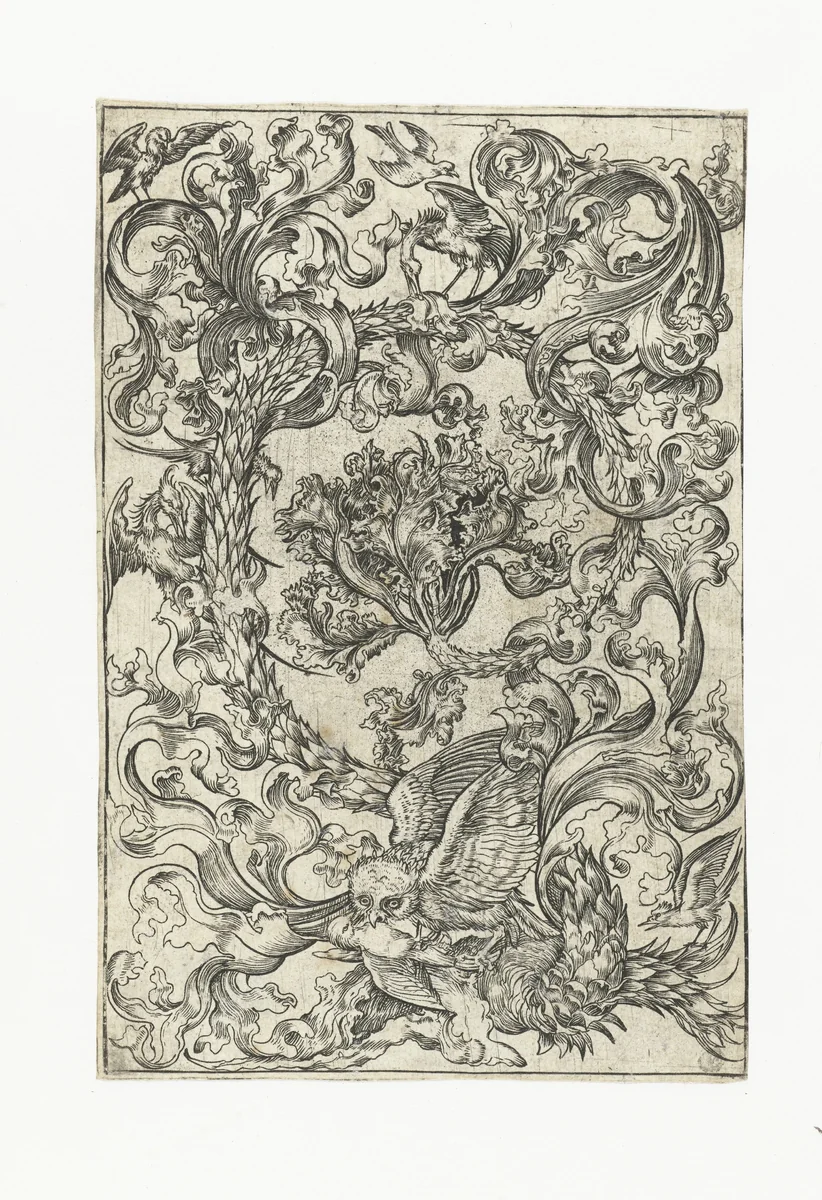 Ornament met uil en andere vogels by anonymous, print, 1470-1500