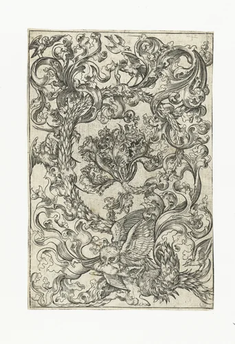 Ornament met uil en andere vogels by anonymous, print, 1470-1500