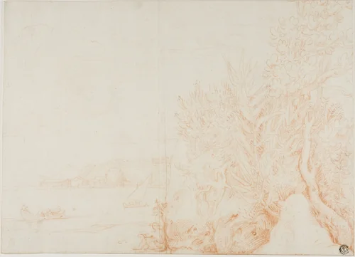 View of Harbor, with Figure and Vegetation in Foreground by Adrien Manglard, drawing, 1695-1705