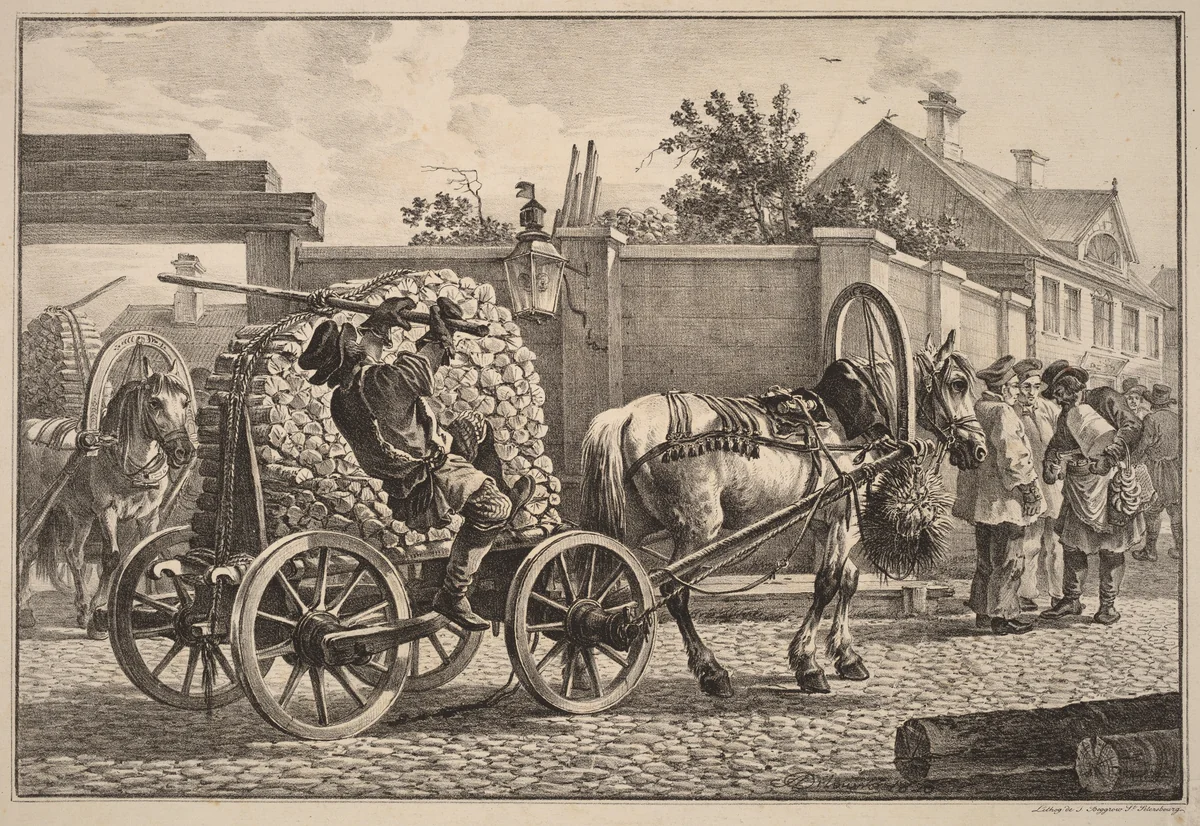 Russian Porter Carrying Wood on a Cart by Aleksandr Osipovich Orlovskii, print, 1820