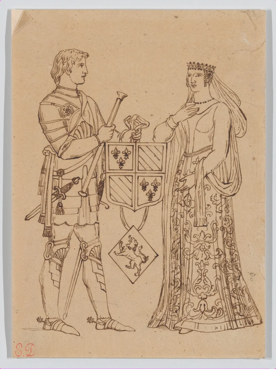 Man and Woman in Medieval Costume, Holding a Heraldic Shield by Eugène Delacroix, drawing, 1820-1830