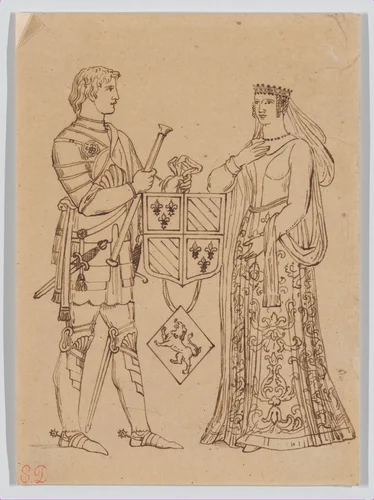 Man and Woman in Medieval Costume, Holding a Heraldic Shield by Eugène Delacroix, drawing, 1820-1830