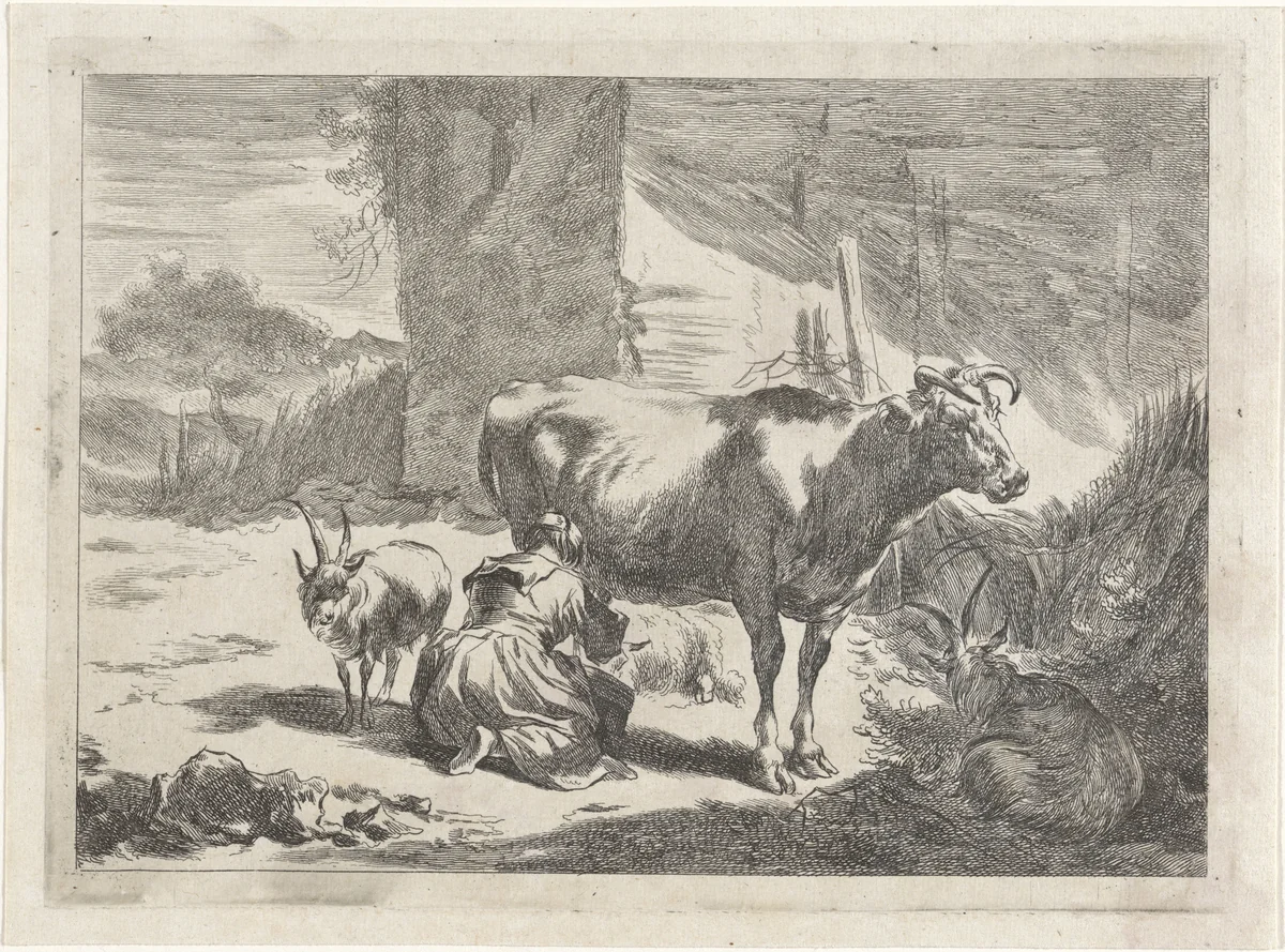 Melkmeid by Jan de Visscher, print, 1643-1701