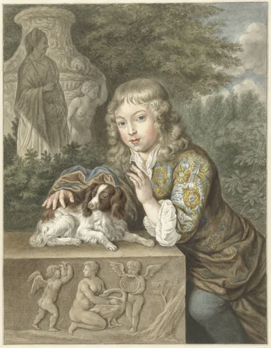 Jongen met hondje by Abraham Delfos, drawing, 1741-1820