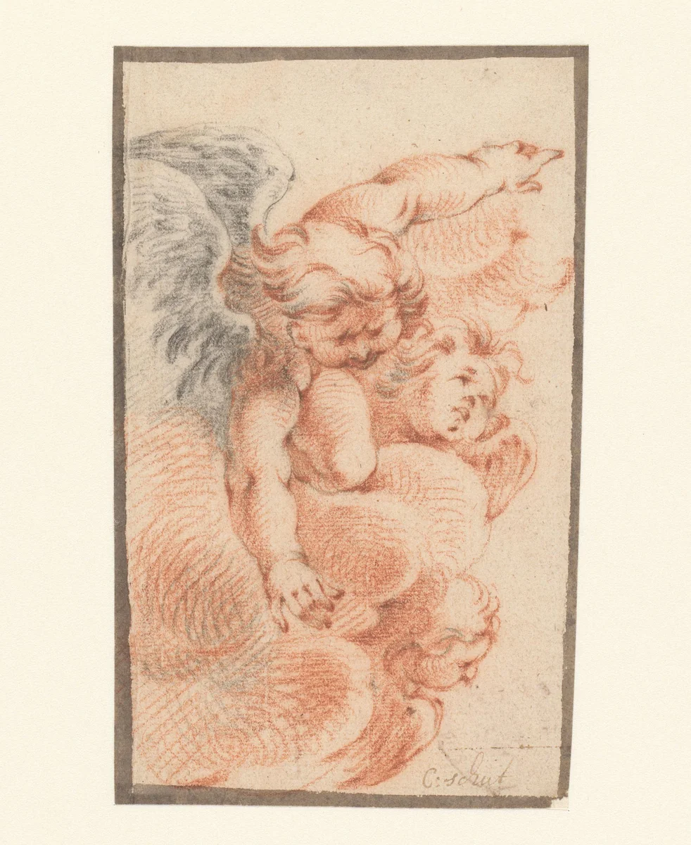 Drie cherubijnen in een wolk by Cornelis Schut, drawing, 1607-1655
