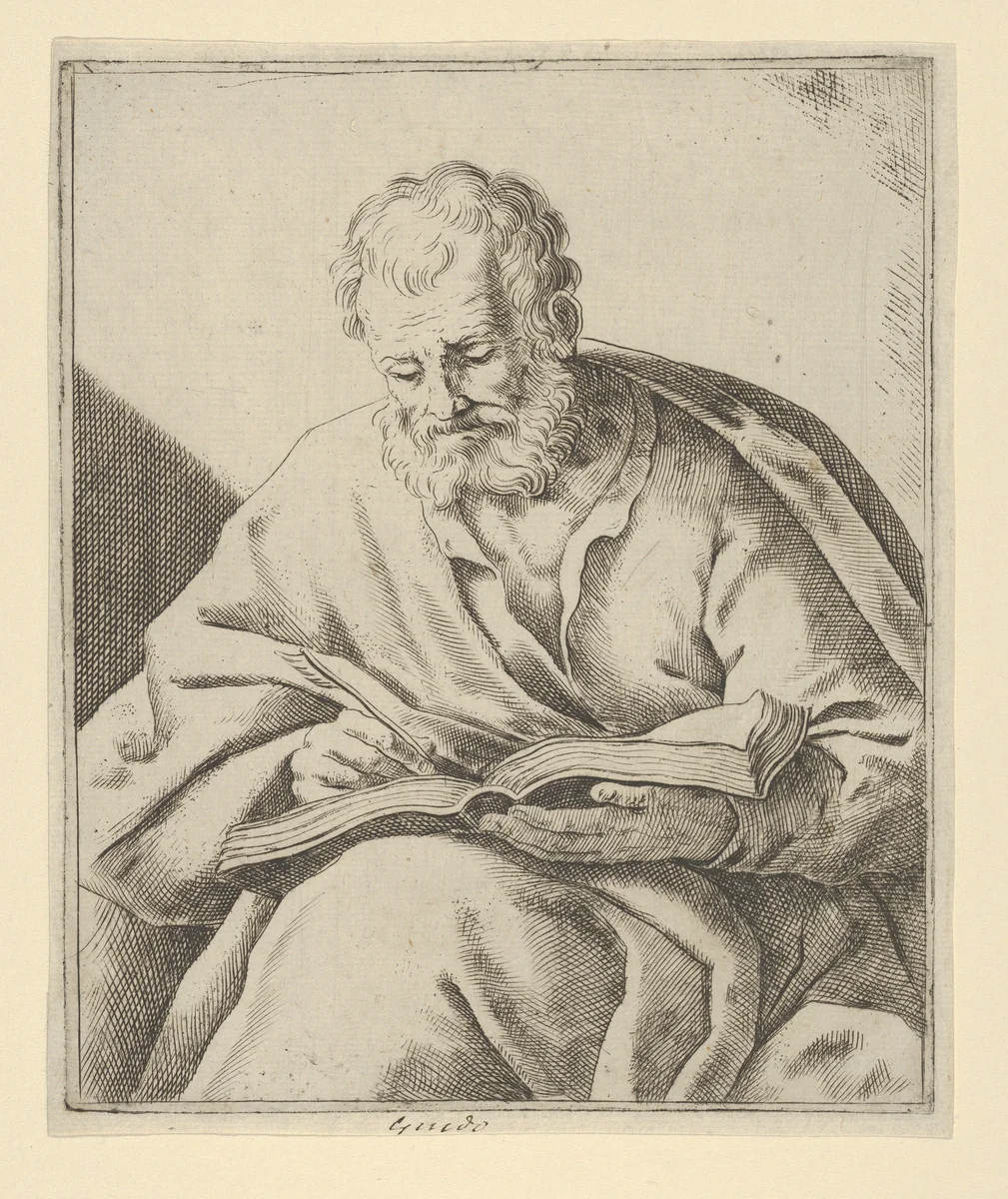 An old man seated and writing in a book (an evangelist?) by anonymous, print, 1600-1699