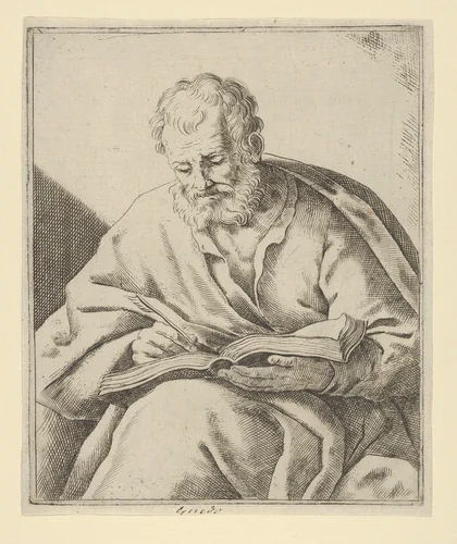 An old man seated and writing in a book (an evangelist?) by anonymous, print, 1600-1699