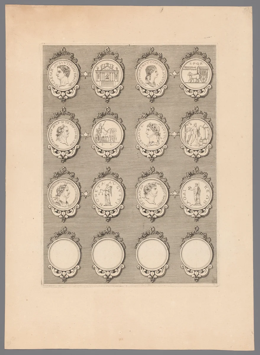 Zestien penningen met versierde lijsten, waarvan vier blanco by Simon de la Boissière, print, 1647-1682